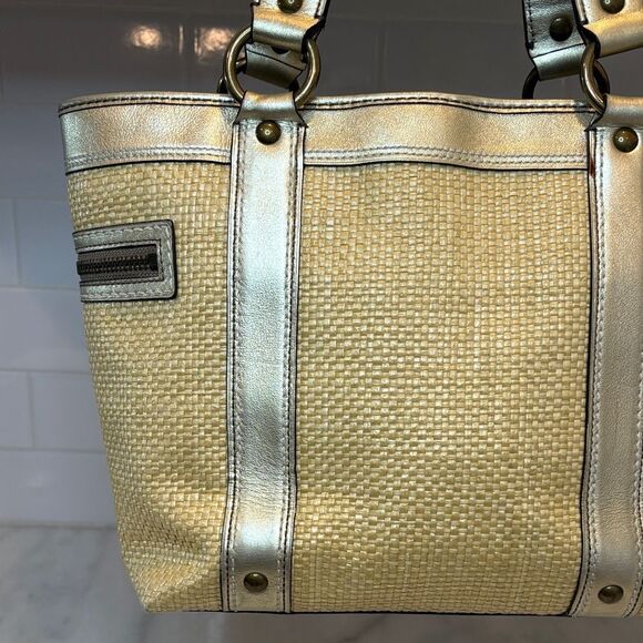 Coach Bag Purse Handbag Legacy Straw & Metallic Leather Tote Shoulder Pocketbook - Picture 5 of 16